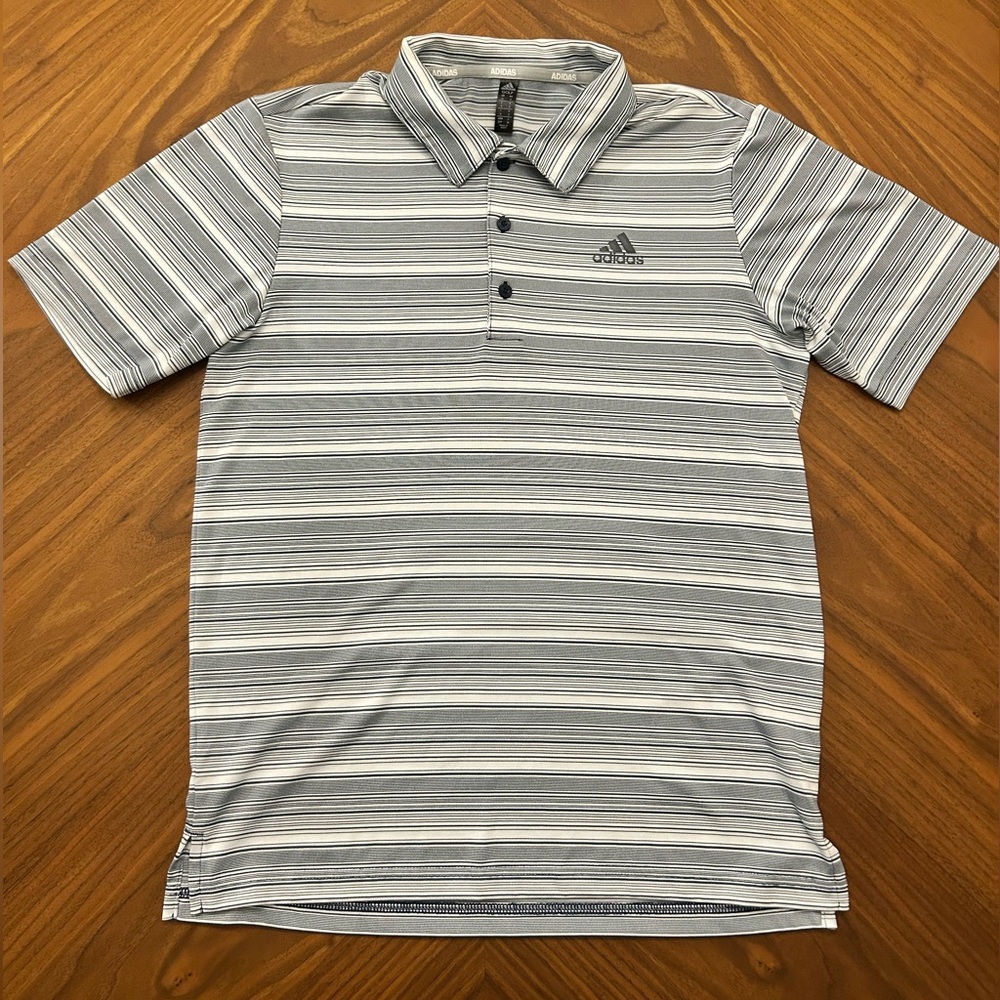 Adidas men’s dark silver-blue and white stripe golf polo size small